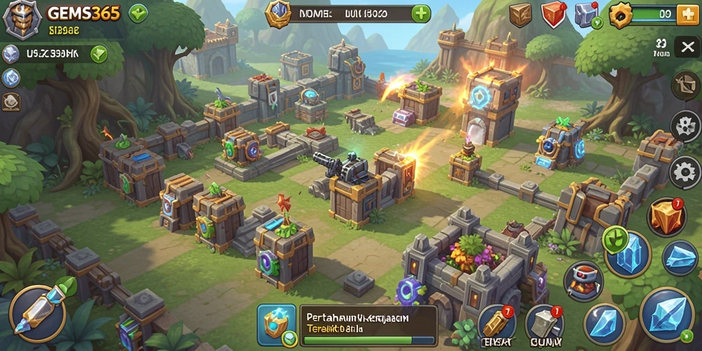 Screenshot gameplay GEMS365 menampilkan strategis menara dan pertahanan yang menarik.