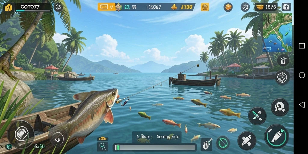 Screenshot utama GOTO77 menunjukkan pemain menangkap ikan di laut yang indah.