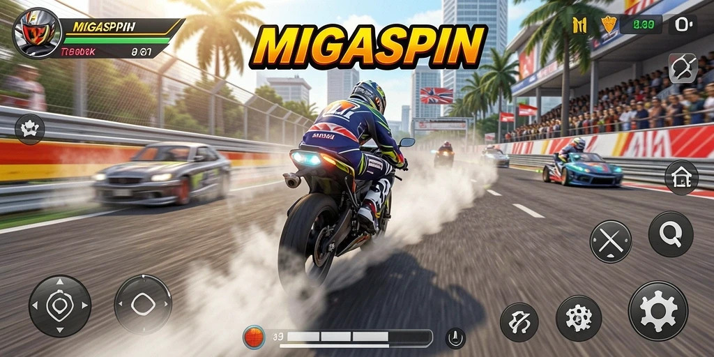 Tampilan gameplay MIGASPIN yang memukau dan mendebarkan di lintasan balap.