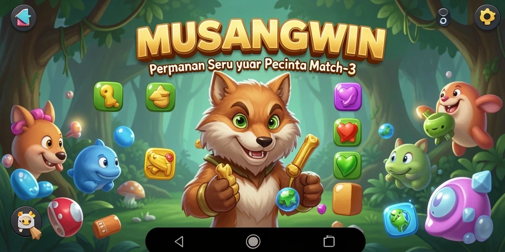 Tampilan gameplay seru dalam MUSANGWIN dengan objek berwarna-warni.