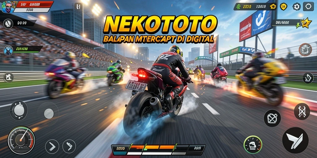 Screenshot menampilkan aksi balap motor yang mendebarkan di NEKOTOTO.